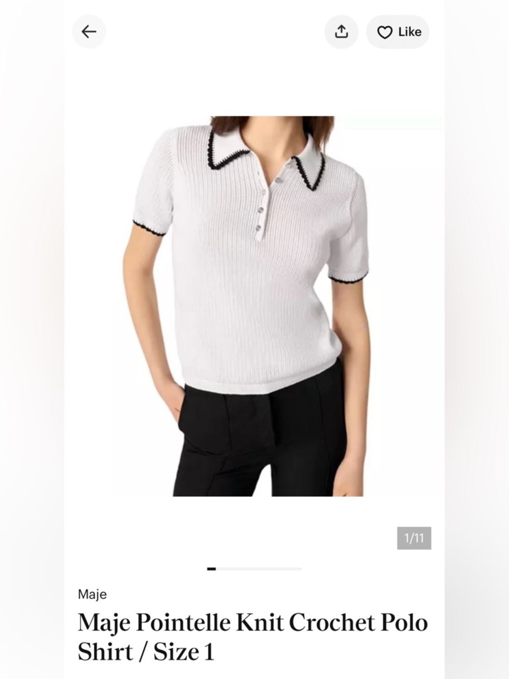 Maje White Pointelle Knit Polo with Black Crochet Trim